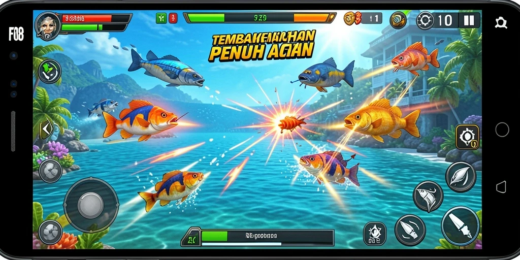 Tampilan gameplay yang seru dengan berbagai jenis ikan untuk ditembak.
