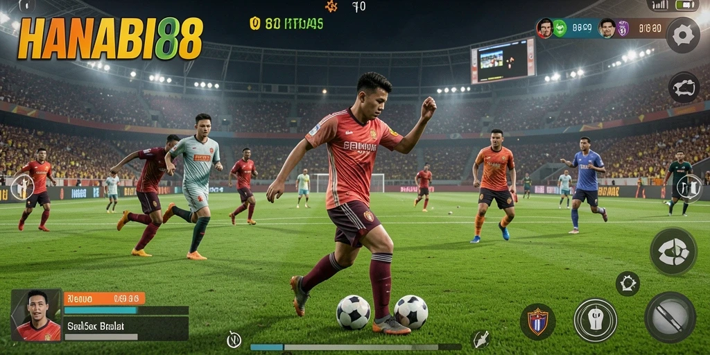Screenshot gameplay <strong>HANABI88</strong> menampilkan aksi menarik dari pertandingan sepak bola.