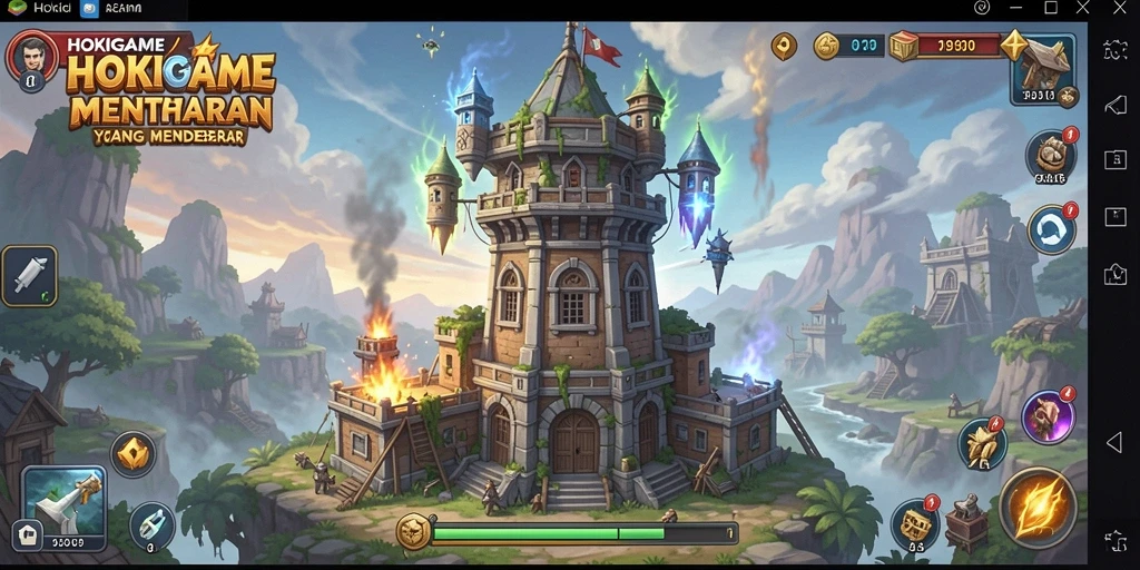 Tampilan seru dari gameplay HOKIGAME dengan menara pertahanan yang menakjubkan.