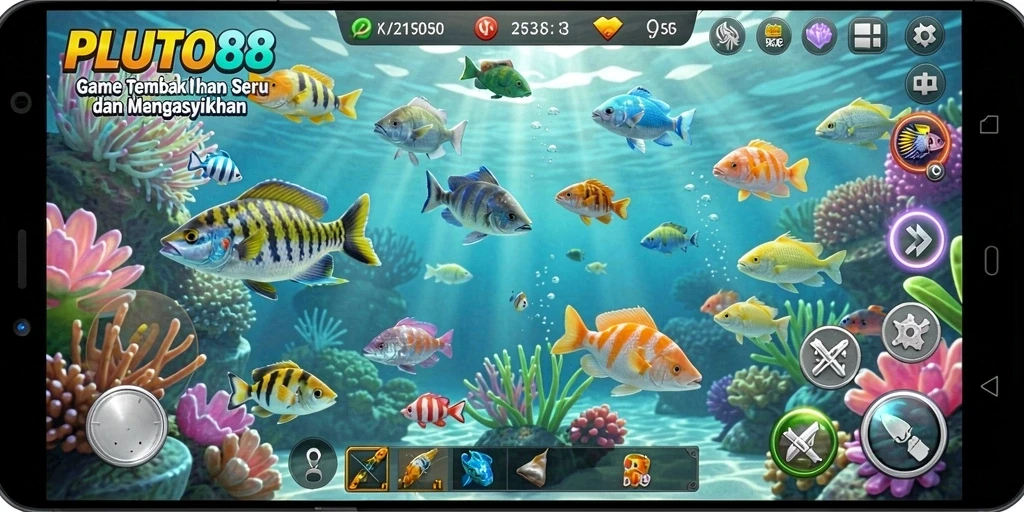 Tampilan gameplay seru di PLUTO88 saat menembak ikan.