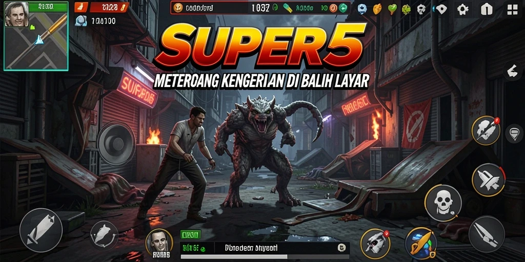 Tangkapan layar gameplay SUPER5 yang menggambarkan suasana horor.